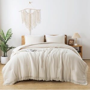 King Size Comforter Set Beige 3 Pieces Boho Lightweight Tassel Fluffy Bedding